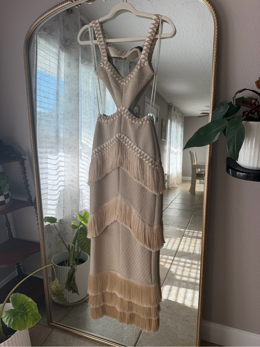 PatBO Beige Tiered Fringe Backless Maxi Dress